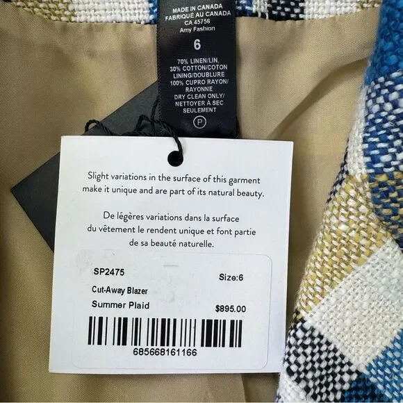 NEW Smythe Cut-Away Blazer Summer Plaid Linen Cotton Size 6 - Picture 11 of 12